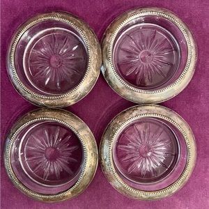 Vintage Lenord Italy 1960 sunburst glass coaster with silver plated rim set of 4